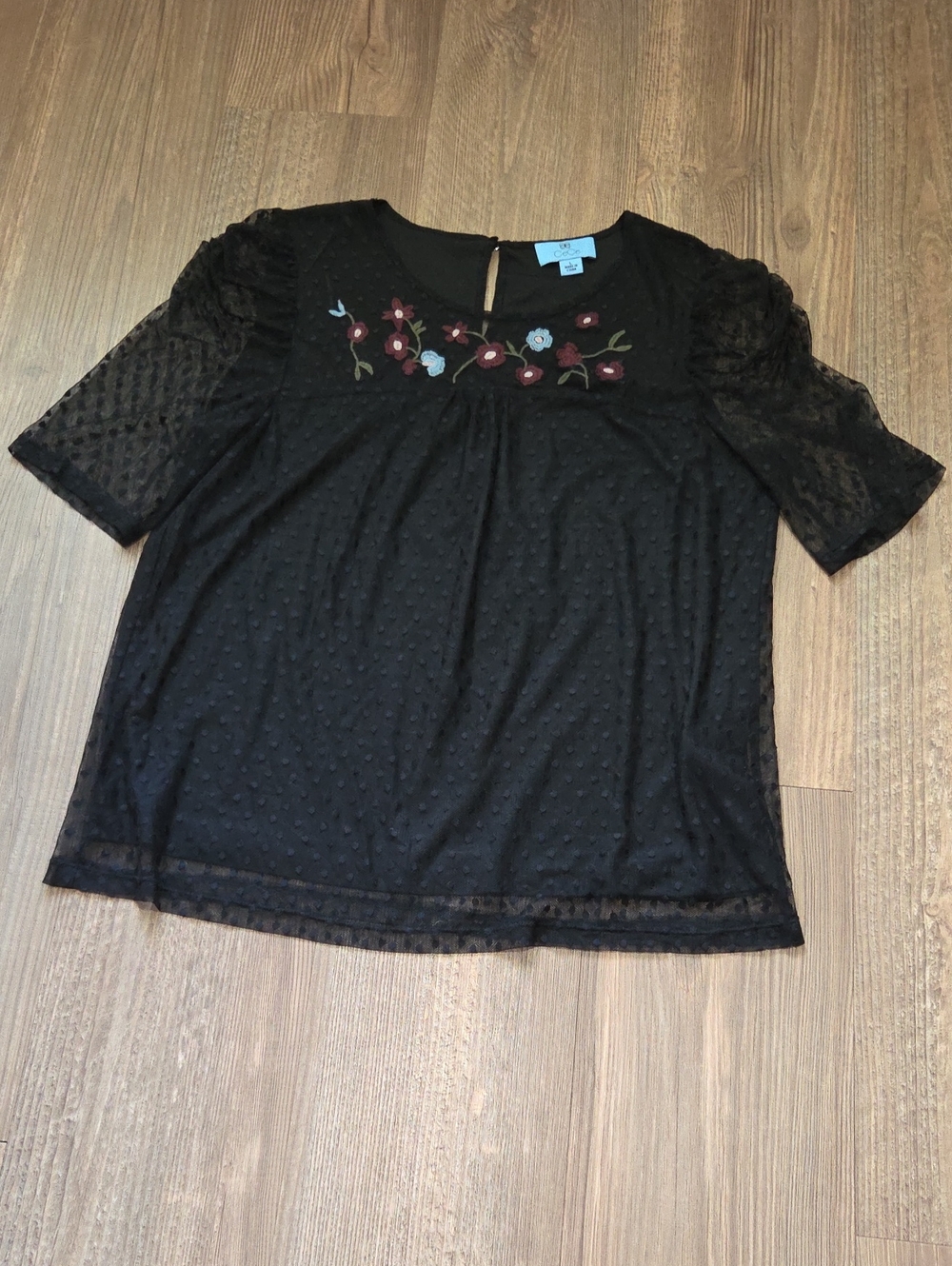 CeCe Black Dotted Lace Blouse with Floral Embroidery